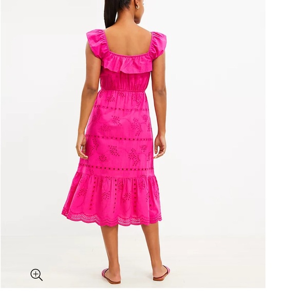 Loft Hot Pink Eyelet Ruffle Square Neck Midi Dress Size SP - Picture 13 of 13